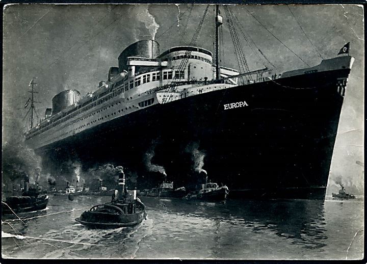 15 pfg. Hindenburg på brevkort (NDL damper Europa) annulleret med skibsstempel D. Europa N.D.L./Deutsch-Amerik. Seepost * Bremen - New York * d. 2.3.1938 til Stamsreid, Tyskland.