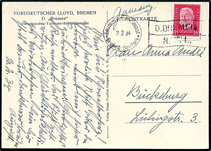 15 pfg. Hindenburg på brevkort (NDL damper Bremen) annulleret med skibsstempel Deutsch-Amerik. Seepost * Bremen - New York * / D. Bremen N.D.L. d. 3.2.1934 til Bückeburg, Tyskland.