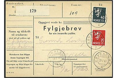 20 øre og 40 øre Løve på adressebrev for pakke fra Høydalsmo d. 29.1.1943 til Øyfjell.