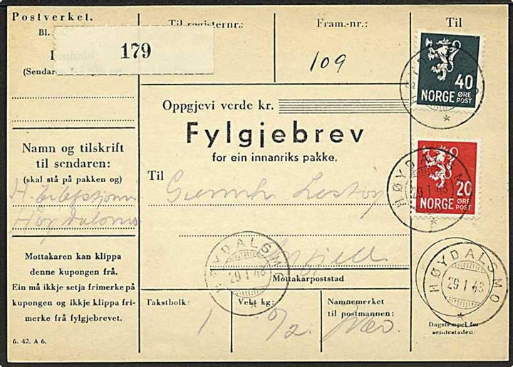 20 øre og 40 øre Løve på adressebrev for pakke fra Høydalsmo d. 29.1.1943 til Øyfjell.