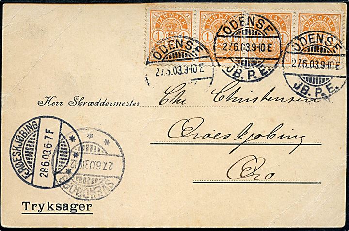 1 øre Våben i vandret 4-stribe på tryksagskort fra Odense JB.P.E. d. 27.6.1903 via Svendborg til Ærøeskjøbing.