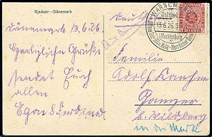 20 øre Frimærkejubilæum (defekt) på brevkort (Gedser Færgehavn) annulleret med tysk stempel i Warnemünde d. 13.6.1926 og påskrevet Aus Dänemark til Tyskland.