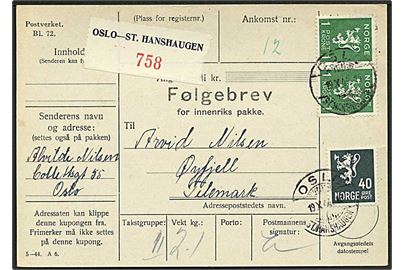 40 øre og 1 kr. (2) Løve på adressebrev for pakke fra Oslo d. 19.10.1944 til Øyfjell.