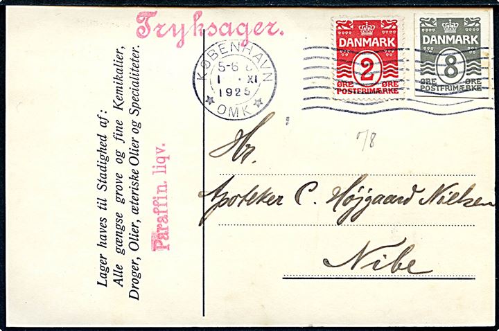 2 øre Bølgelinie og 8 øre helsagsafklip på tryksagskort fra København d. 1.11.1925 til Nibe.