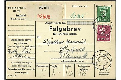 50 øre og 1 kr. Løve på adressekort for pakke fra Skien d. 30.7.1943 til Øyfjell.