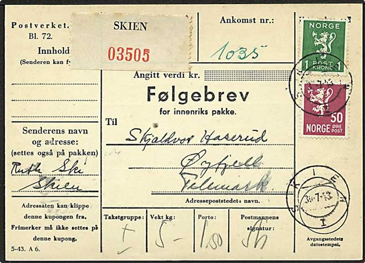 50 øre og 1 kr. Løve på adressekort for pakke fra Skien d. 30.7.1943 til Øyfjell.
