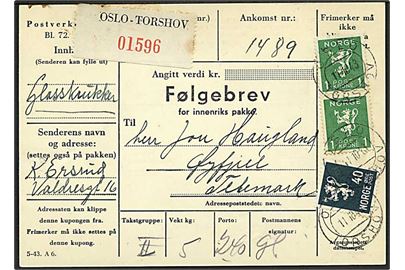 40 øre og 1 kr. (2) Løve på adressekort for pakke fra Oslo d. 11.10.1943 til Øyfjell.