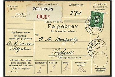 1 kr. Løve single på adressekort for pakke fra Porsgrunn d. 17.6.1944 til Øyfjell.