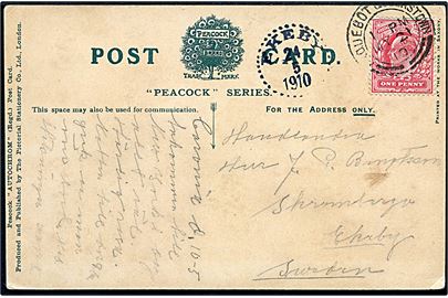 1d Edward VII på brevkort (R.M.S. Coronia) annulleret med skibsstempel Paquebot Queenstown d. 21.5.1910 til Ekeby, Sverige.