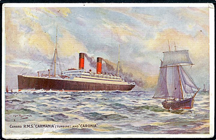 1d Edward VII på brevkort (Cunard R.M.S. Carmania) annulleret med skibsstempel Paquebot Liverpool d. 26.4.1908 til Osthammar, Sverige.