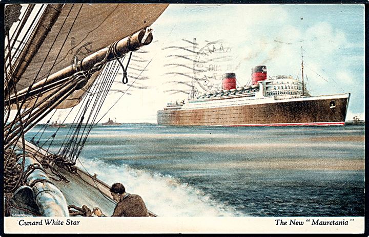 2d George VI på brevkort (Cunard Mauretania) annulleret med skibsstempel Southampton Paquebot d. 30.8.1947 til Charlottenlund, Danmark.