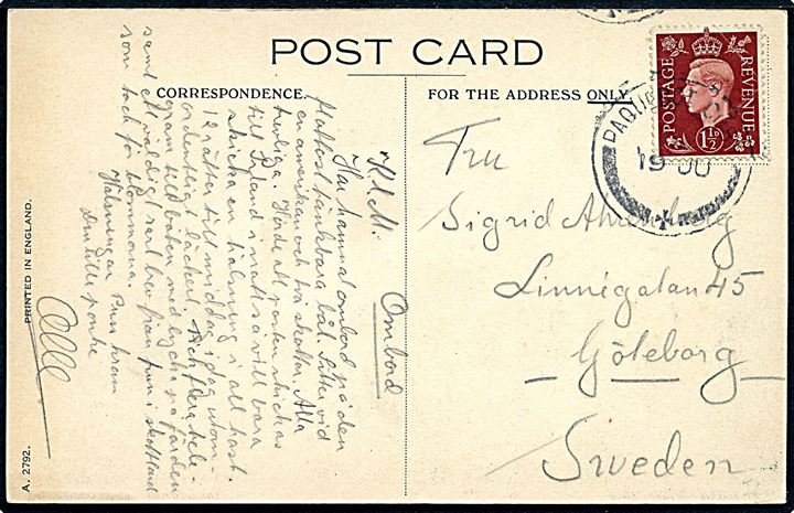 1½d George VI på brevkort (Cunard Mauretania) annulleret med irsk skibsstempel Pauebot Corb d. 19.6.19xx til Göteborg, Sverige.