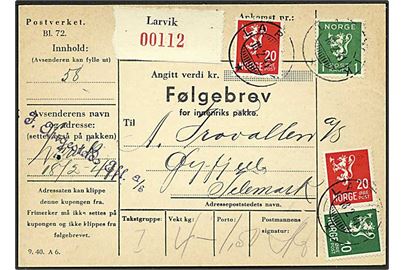 20 øre (2) og 1 kr. (2) Løve på adressekort for pakke fra Larvik d. 18.2.1941 til Øyfjell.