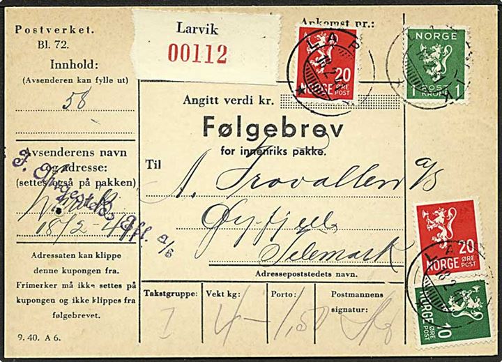 20 øre (2) og 1 kr. (2) Løve på adressekort for pakke fra Larvik d. 18.2.1941 til Øyfjell.