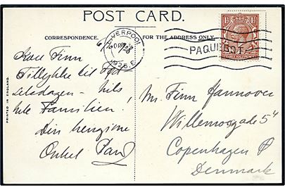 1½d George V på brevkort (Cunard R.M.S. Franconia) annulleret med skibsstempel Liverpool / Paquebot d. 8.10.1928 til København, Danmark.