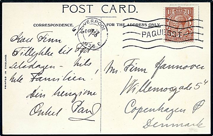 1½d George V på brevkort (Cunard R.M.S. Franconia) annulleret med skibsstempel Liverpool / Paquebot d. 8.10.1928 til København, Danmark.