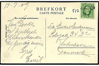 5 öre Oscar II på brevkort fra Malmö dateret d. 19.7.1909 annulleret med skibsstempel Fra Sverige M. til København, Danmark.