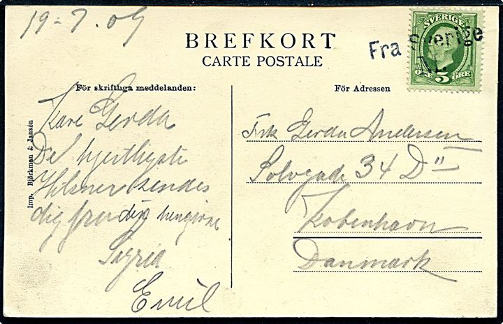 5 öre Oscar II på brevkort fra Malmö dateret d. 19.7.1909 annulleret med skibsstempel Fra Sverige M. til København, Danmark.