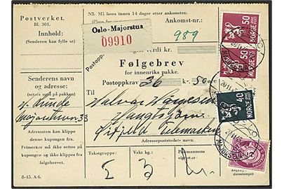 40 øre, 50 øre (2) Løve og 5 øre Posthorn på adressekort for pakke med opkrævning fra Oslo d. 20.11.1945 til Øyfjell