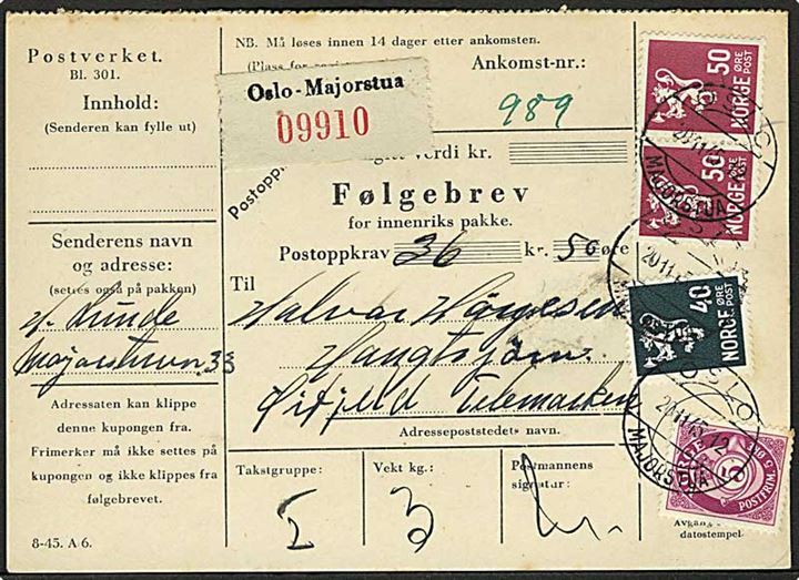 40 øre, 50 øre (2) Løve og 5 øre Posthorn på adressekort for pakke med opkrævning fra Oslo d. 20.11.1945 til Øyfjell