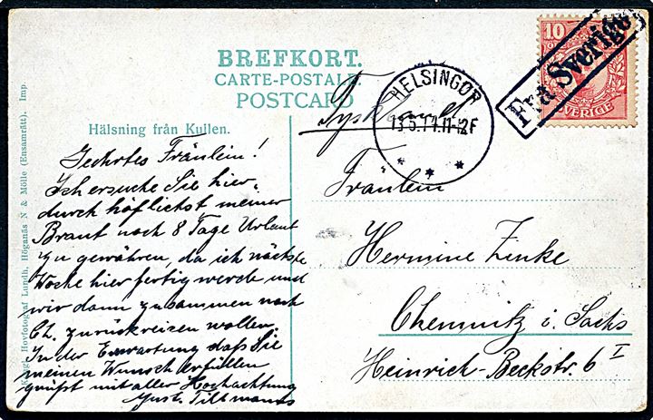 10 öre Gustaf på brevkort fra Kullen annulleret med skibsstempel Fra Sverige og sidestemplet Helsingør d. 13.5.1914 til Chemnitz, Tyskland.