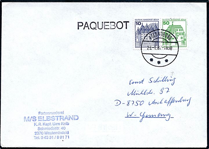 10 pfg. og 50 pfg. i sammentryk på brev annulleret med dansk stempel i Kalundborg d. 23.1.1987 og sidestemplet Paquebot til Aschaffenburg, Tyskland. Privat afs.-stempel fra M/S Elbstrand.