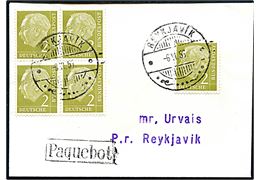 2 pfg. Heuss (5) på filatelistisk tryksag annulleret med islandsk stempel i Reykjavik d. 6.6.1956 og sidestemplet Paquebot til Reykjavik.