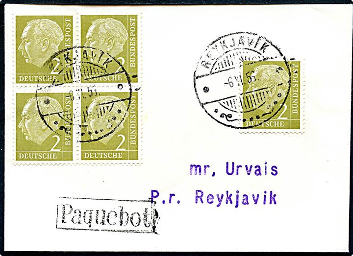 2 pfg. Heuss (5) på filatelistisk tryksag annulleret med islandsk stempel i Reykjavik d. 6.6.1956 og sidestemplet Paquebot til Reykjavik.