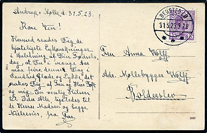 15 øre Chr. X på brevkort (Andrup Mølle) annulleret med brotype IIb Bedsted LØ d. 31.5.1923 til Bolderslev.