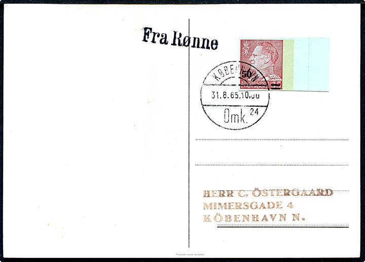 50/35 øre Fr. IX provisorisk helsagsafklip på brevkort annulleret København d. 31.8.1965 og sidestemplet Fra Rønne til København. Filatelistisk.