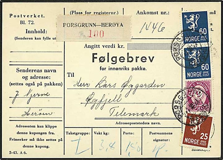 25 øre, 60 øre (par) Løve og 5 øre Posthorn på adressekort for pakke fra Porsgrunn-Herøya d. 7.10.1943 til Øyfjell.