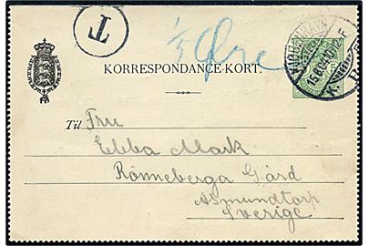 5 øre Våben helsags korrespondancekort sendt underfrankeret fra Kjøbenhavn 15.8.1904 til Asmundtorp, Sverige. Sort T-stempel.