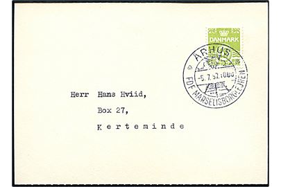 12 øre Bølgelinie på tryksag annulleret med særstempel Århus FDF Marselisborglejren d. 5.7.1957 til Kerteminde. Uden meddelelse.