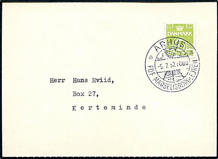12 øre Bølgelinie på tryksag annulleret med særstempel Århus FDF Marselisborglejren d. 5.7.1957 til Kerteminde. Uden meddelelse.