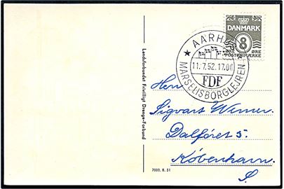 8 øre Bølgelinie på spejder postkort (FDF spejder) annulleret med særstempel Aarhus * FDF Marselisborglejren * d. 11.7.1952 til København.