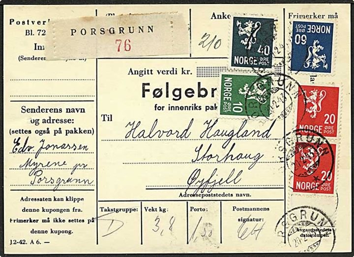 10 øre, 20 øre (2), 40 øre og 60 øre Løve på adressekort for pakke fra Porsgrunn d. 20.2.1943 til Øyfjell.