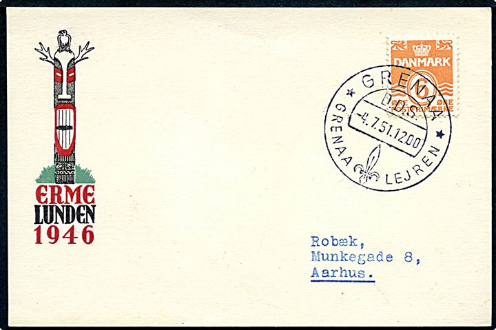 6 øre Bølgelinie på illustreret spejderkort (Ermelunden 1946) annulleret med særstempel Grenaa D.D.S. * Grenaa Lejren * d. 4.7.1951 til Aarhus. Uden meddelelse.