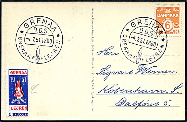 6 øre Bølgelinie og 1 kr. Grenaa Lejren 1951 mærkat på brevkort annulleret med særstempel Grenaa D.D.S. * Grenaaalejren * d. 4.7.1951 til København.
