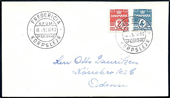 2 øre og 4 øre Bølgelinie på brev annulleret med særstempel Fredericia KFUM-Spejderne Korpslejr d. 10.7.1950 til Odense.