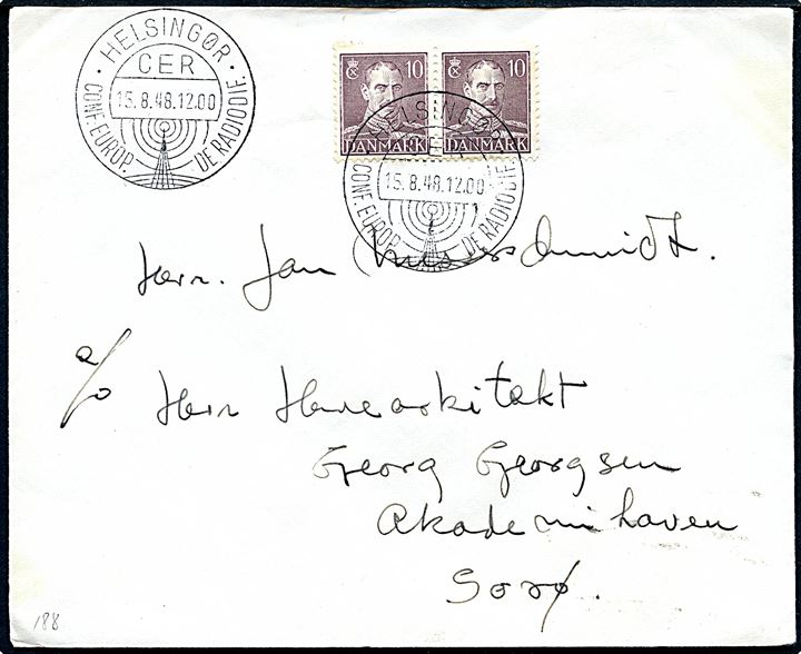 10 øre Chr. X i parstykke på brev annulleret med særstempel Helsingør CER Conf.-Europ. de Radiodif. d. 15.8.1948 til Sorø.