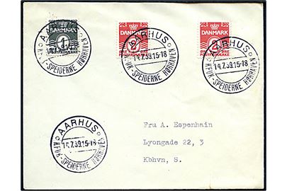 1 øre og 2 øre (2) Bølgelinie på brev annulleret med særstempel Aarhus * KFUK-Speiderne Hørhaven * d. 14.7.1939 til København.