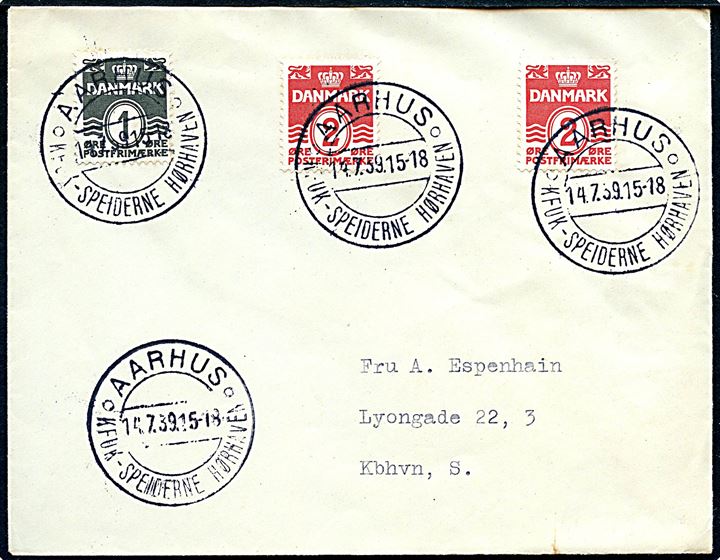 1 øre og 2 øre (2) Bølgelinie på brev annulleret med særstempel Aarhus * KFUK-Speiderne Hørhaven * d. 14.7.1939 til København.