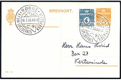 10 øre helsagsbrevkort (fabr. 110-H) opfrankeret med 4 øre Bølgelinie annulleret med særstempel Rønne * KFUM-Spejdernes Korpslejr * d. 10.7.1955 til Kerteminde.