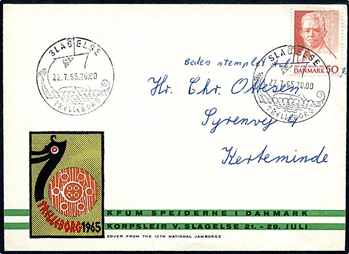 50 øre Carl Nielsen på illustreret spejder kuvert KFUM Spejderne i Danmark / Trelleborg 1965 annulleret med særstempel Slagelse Trelleborg d. 22.7.1965 til Kerteminde.