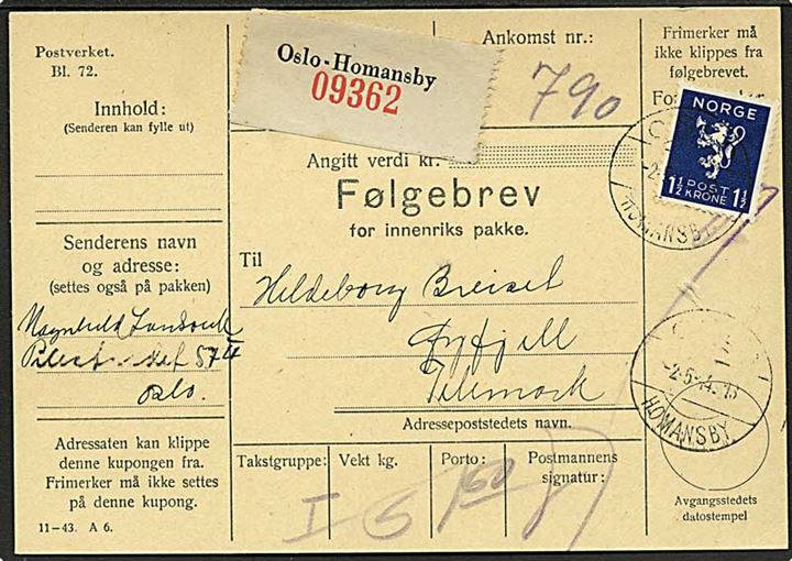 1½ kr. Løve single på adressekort for pakke fra Oslo d. 2.5.1944 til Øyfjell.