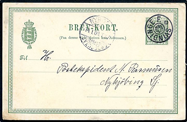 5 øre Fr. VIII helsagsbrevkort annulleret med stjernestempel SVINDINGE F. og sidestemplet bureau Nyborg - Svendborg T.27 d. 14.1.1908 til Nykøbing Sj. 
