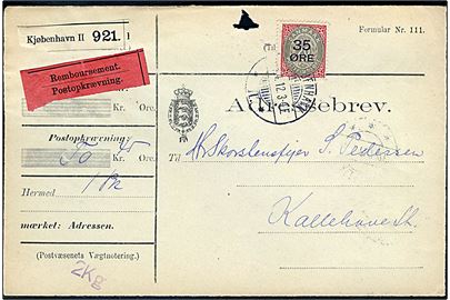 35/20 øre Provisorium på BREVFORSIDE af adressebrev for pakke med postopkrævning fra Kjøbenhavn d. 6.4.1912 til Kallehave St. Arkivhul.