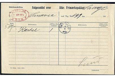 Statsbanedriften Følgeseddel for Frimærkepakker formular A447 med rødt ovalt stempel Slagelse * D.S.B. * d. 9.9.1903 til Sandved. Ank.stemplet med lapidar VI Sandved d. 18.9.1903.