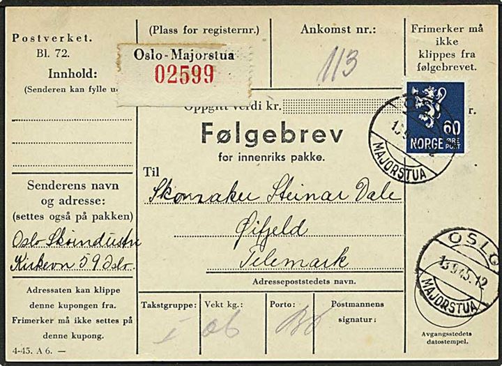 60 øre Løve single på adressekort for pakke fra Oslo d. 13.9.1945 til Øyfjell.
