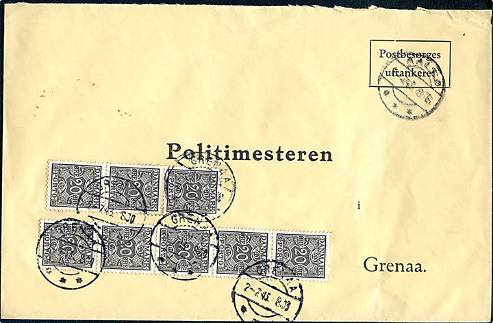 Ufrankeret brev mærket Postbesørges ufrankeret fra Aalsø d. 1.7.1943 til Politimesteren i Grenaa. Udtakseret i porto med 20 øre Portomærke (8) stemplet Grenaa d. 2.7.1943. Antagelig summarisk portoafregning for flere forsendelser.